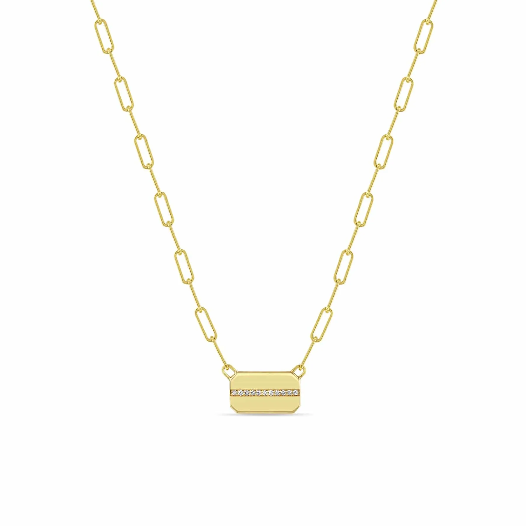 14k Horizontal Pavé Diamond Line Square Edge Dog Tag Necklace