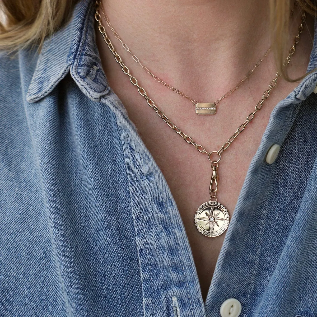 14k Horizontal Pavé Diamond Line Square Edge Dog Tag Necklace