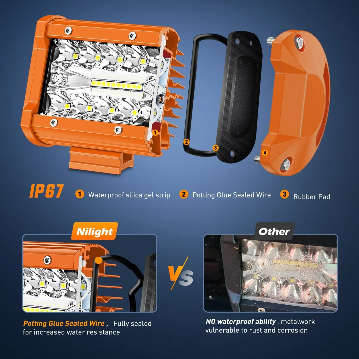 2pc 4 Inch 20W Spot Flood Combo Orange Case Led Light Bar