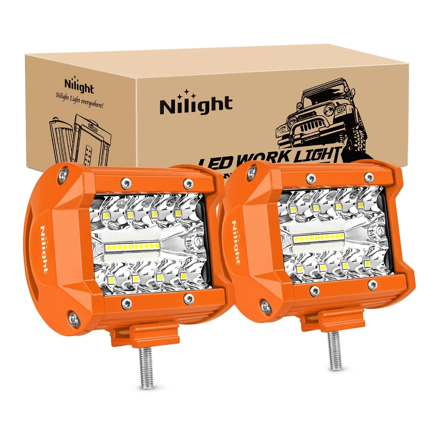 2pc 4 Inch 20W Spot Flood Combo Orange Case Led Light Bar
