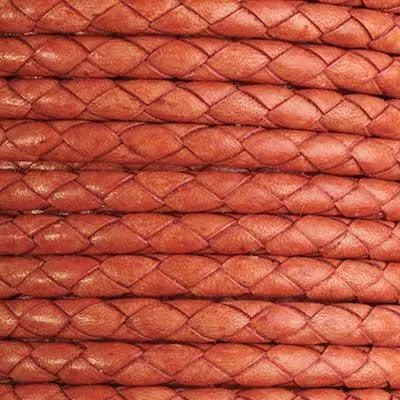 5mm Braided Distressed Orange Round Leather Cord with Hollow Core by the Foot