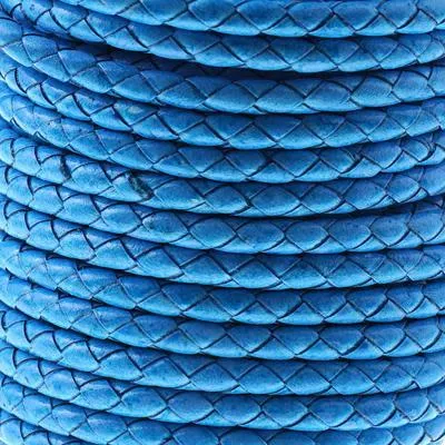 5mm Braided Distressed Turquoise Round Leather Cord with Hollow Core by the Foot