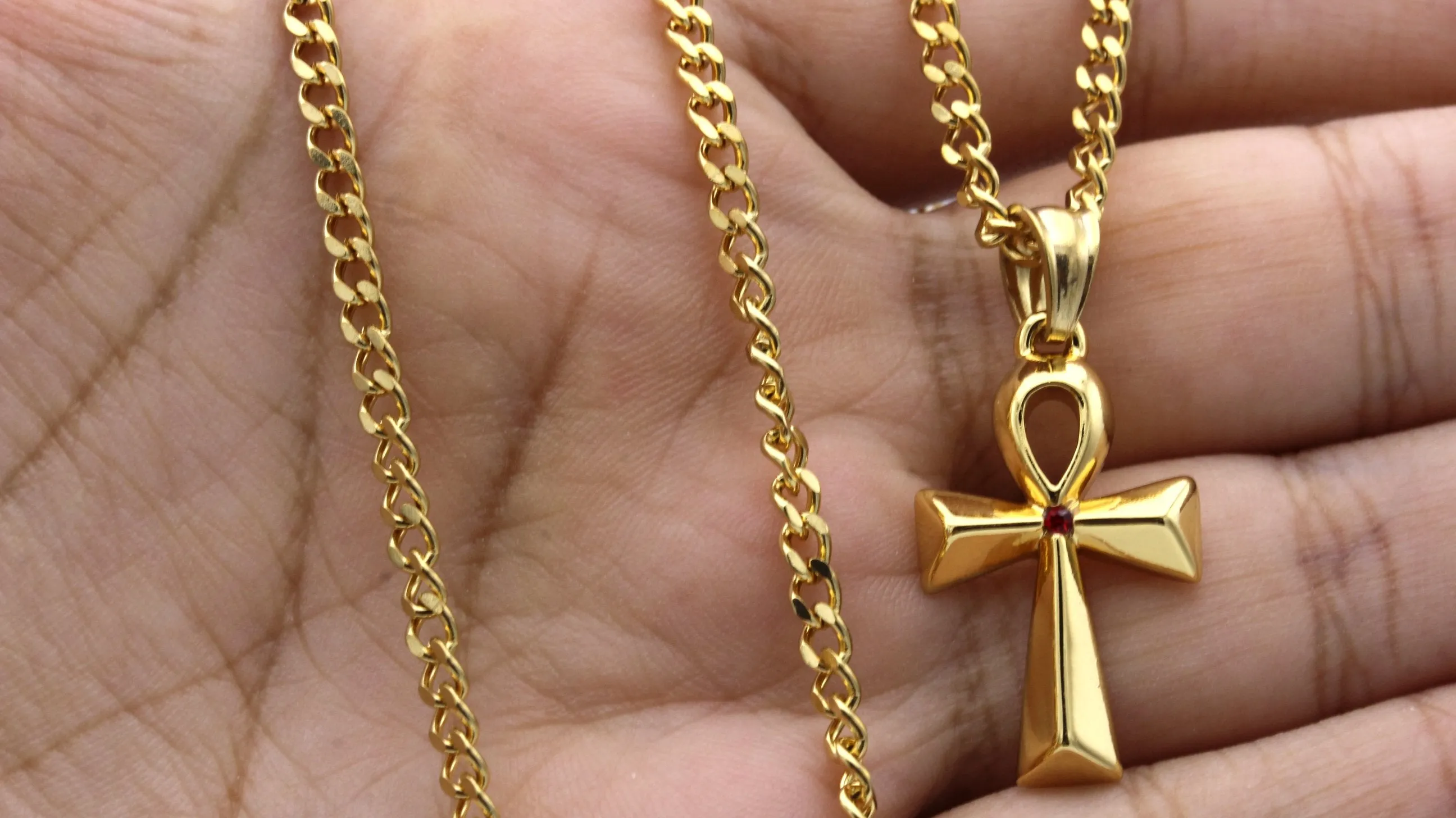 Ankh Charm Necklace Stainless Steel Bling CZ