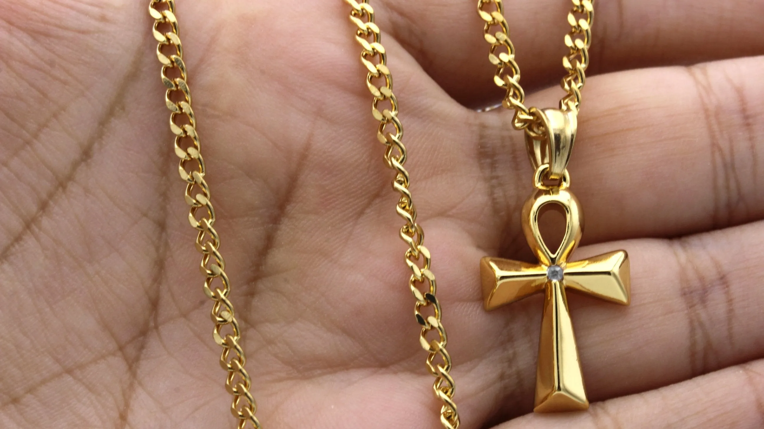 Ankh Charm Necklace Stainless Steel Bling CZ