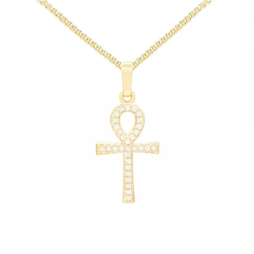 Ankh Cross Cubic Zirconia Pendant 14K Gold Filled Chain Necklace Set
