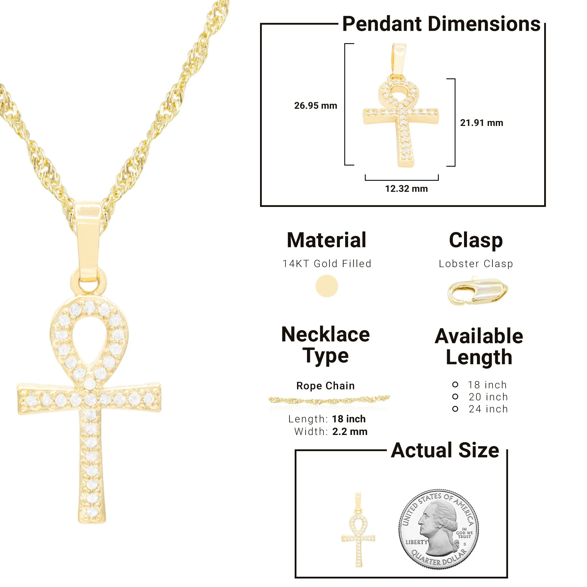 Ankh Cross Cubic Zirconia Pendant 14K Gold Filled Chain Necklace Set
