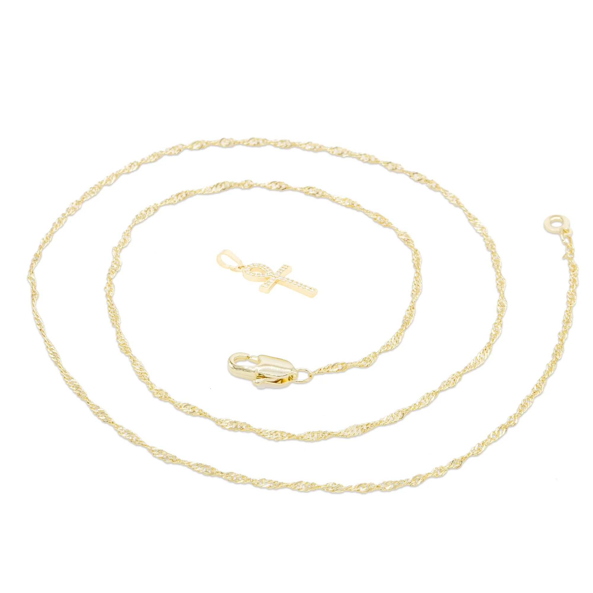 Ankh Cross Cubic Zirconia Pendant 14K Gold Filled Chain Necklace Set