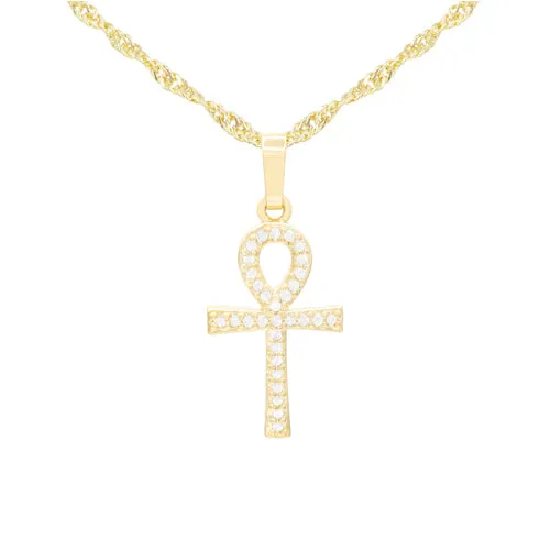 Ankh Cross Cubic Zirconia Pendant 14K Gold Filled Chain Necklace Set