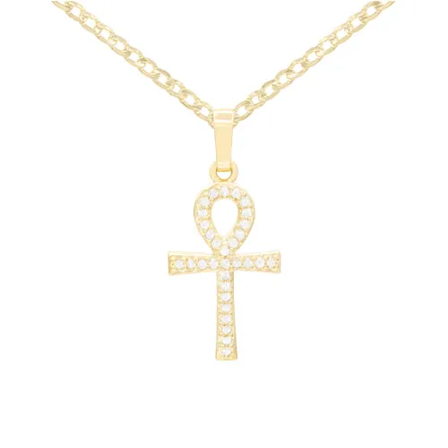 Ankh Cross Cubic Zirconia Pendant 14K Gold Filled Chain Necklace Set