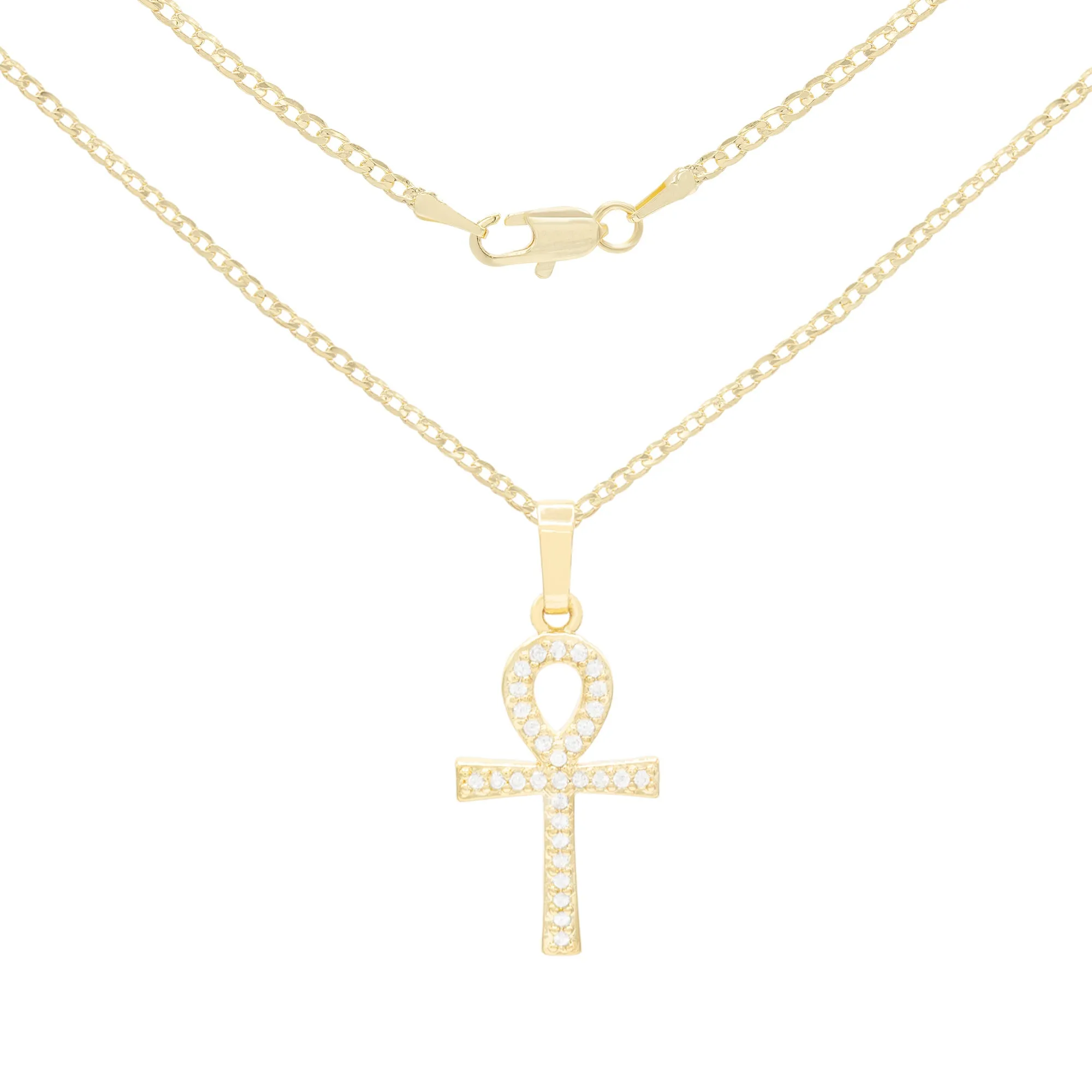 Ankh Cross Cubic Zirconia Pendant 14K Gold Filled Chain Necklace Set