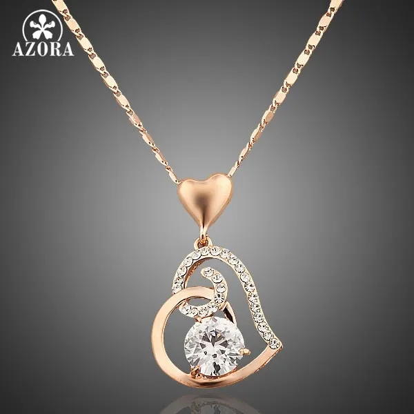 AZORA Rose Gold Color Stellux Crystals Heart Pendant Necklace for Valentine's Day Gift of Love TN0009