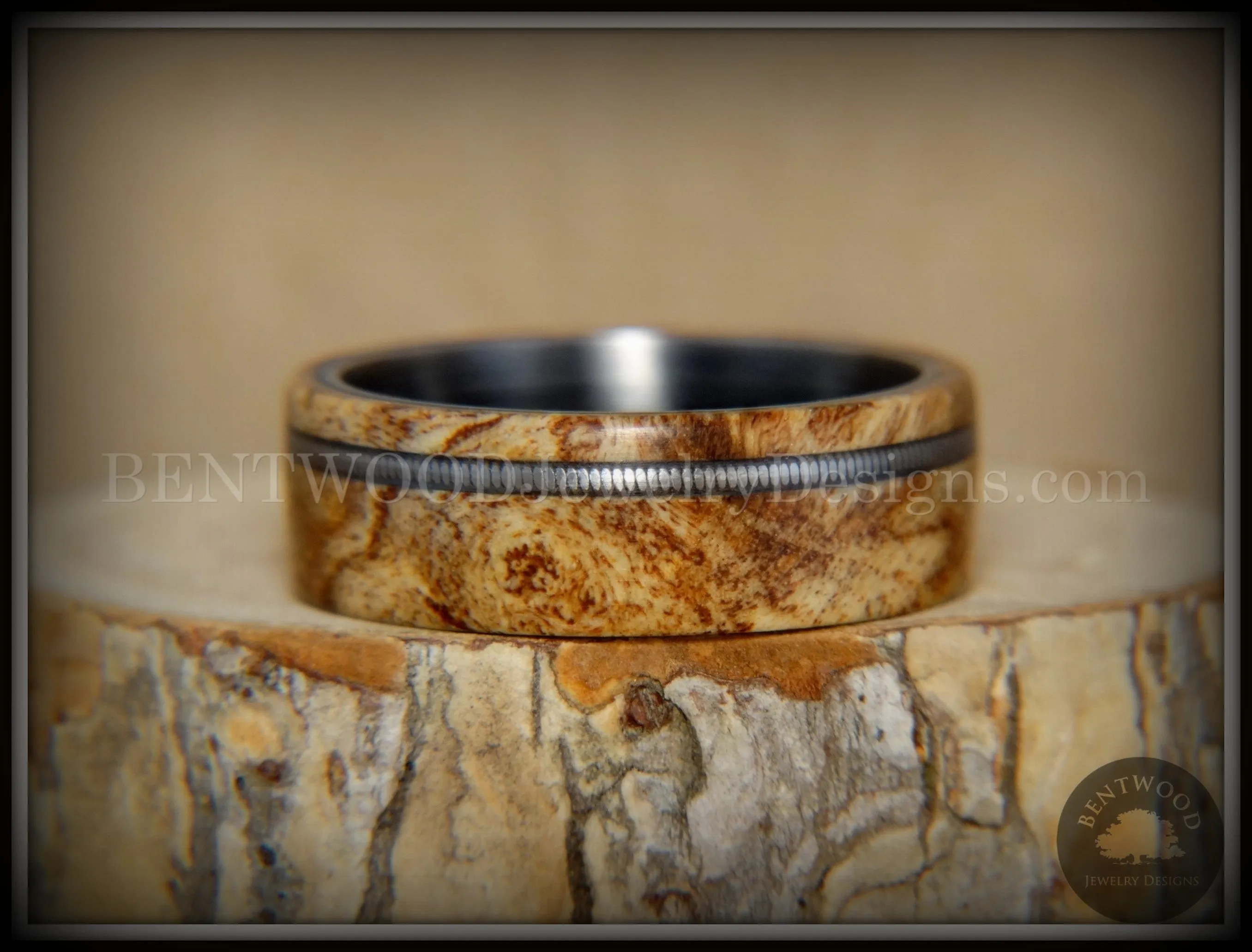 Bentwood Ring - Maple Burl Wood Ring Offset Guitar String Inlay on Surgical Grade "Onyx Black" Stainless Steel Comfort Fit Metal Core