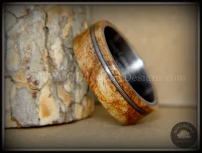 Bentwood Ring - Maple Burl Wood Ring Offset Guitar String Inlay on Surgical Grade "Onyx Black" Stainless Steel Comfort Fit Metal Core