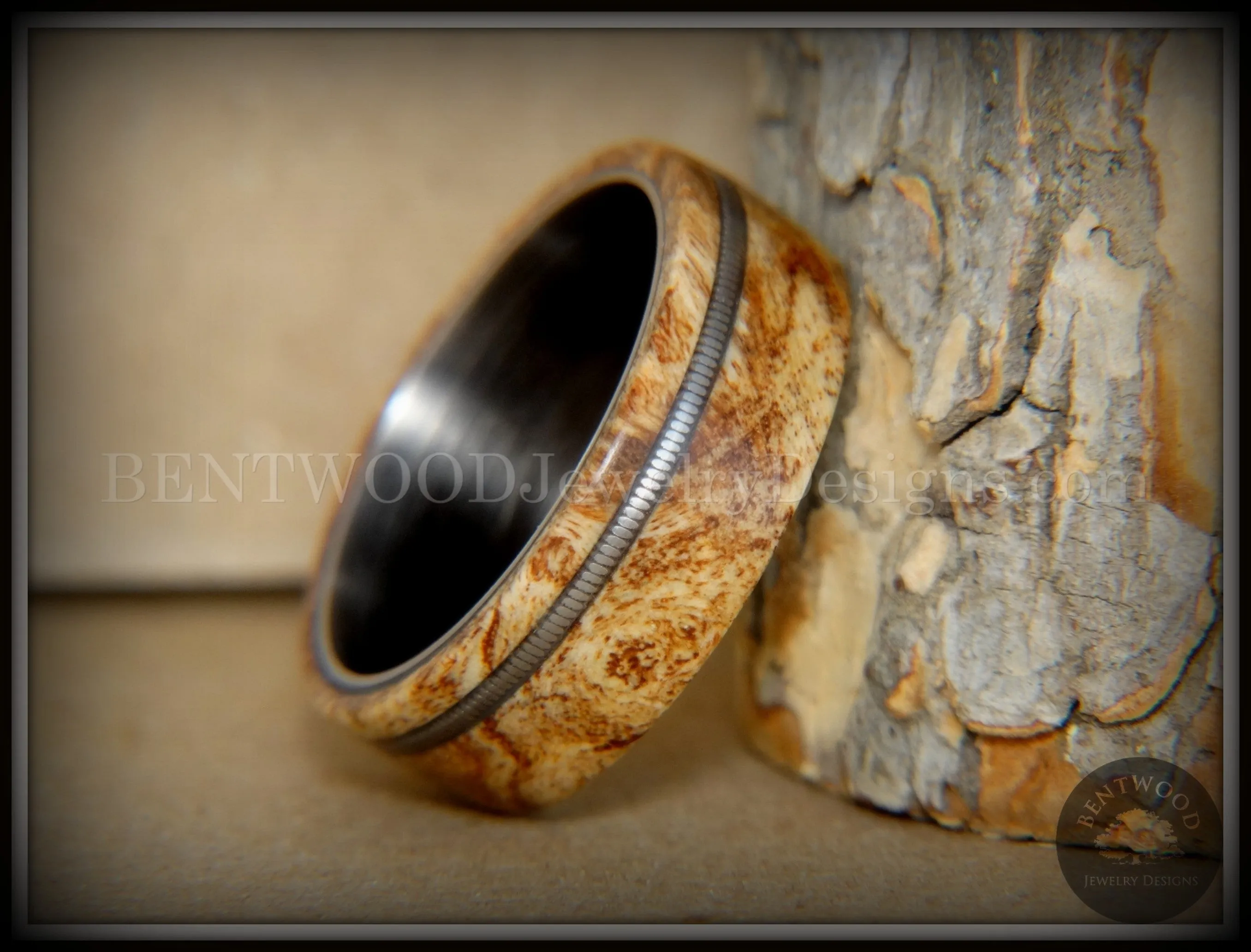 Bentwood Ring - Maple Burl Wood Ring Offset Guitar String Inlay on Surgical Grade "Onyx Black" Stainless Steel Comfort Fit Metal Core