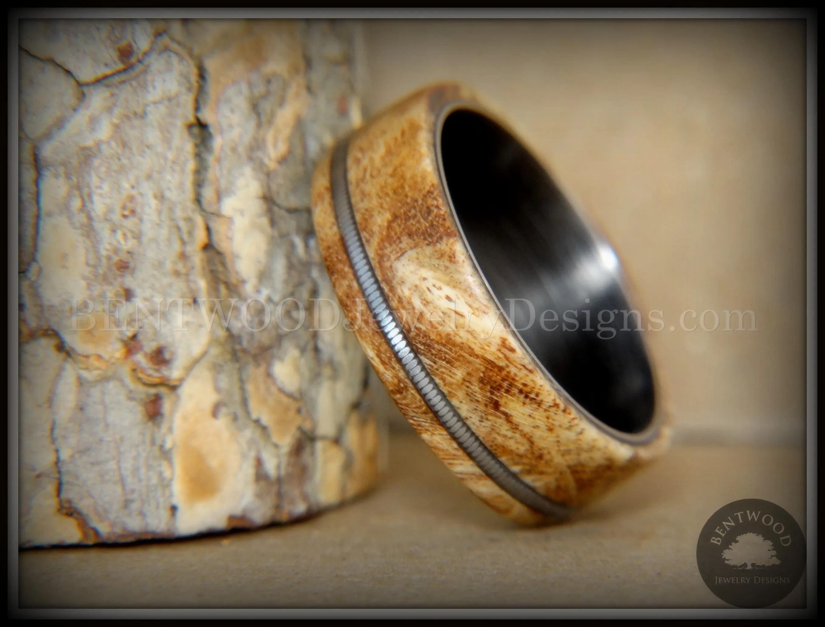 Bentwood Ring - Maple Burl Wood Ring Offset Guitar String Inlay on Surgical Grade "Onyx Black" Stainless Steel Comfort Fit Metal Core