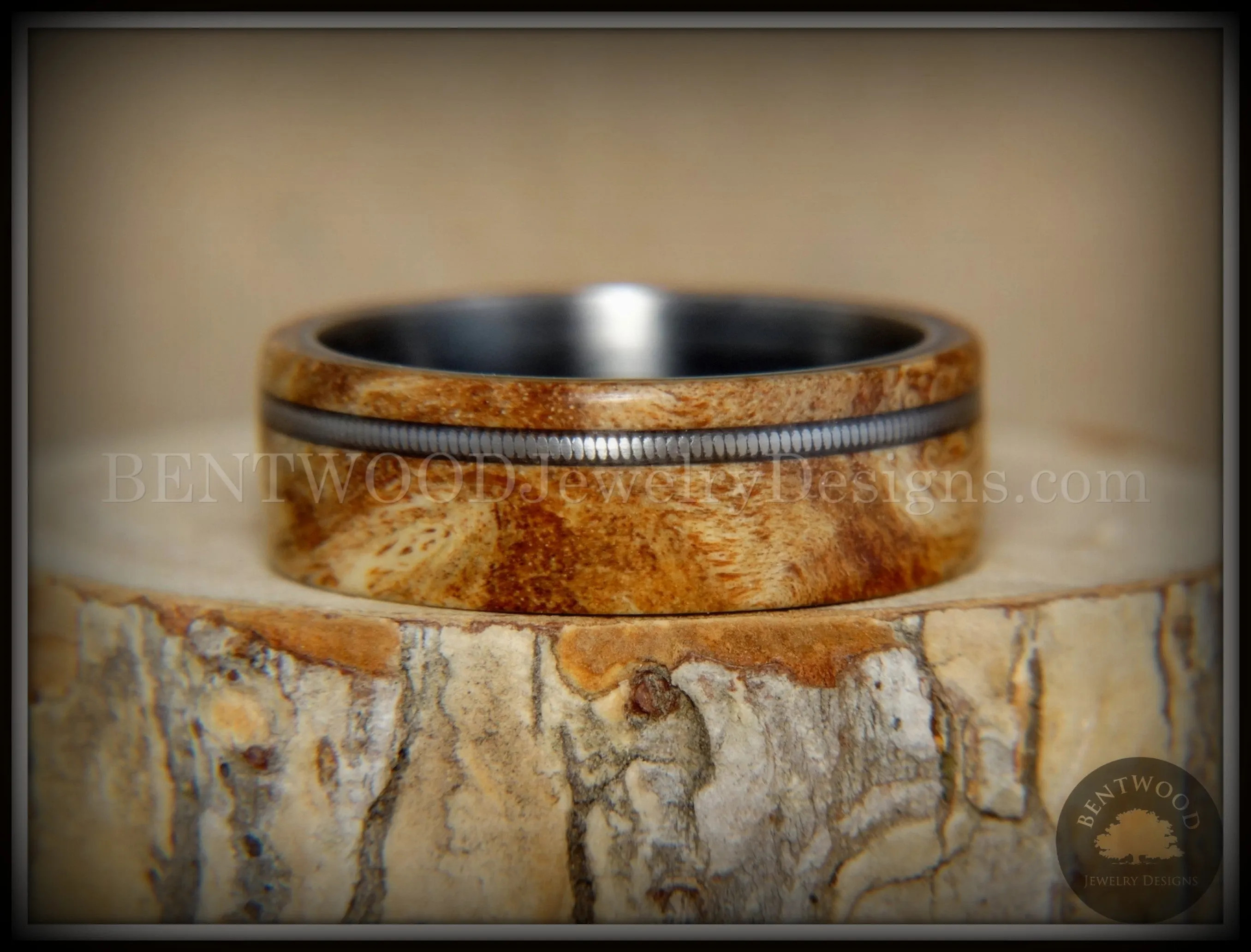 Bentwood Ring - Maple Burl Wood Ring Offset Guitar String Inlay on Surgical Grade "Onyx Black" Stainless Steel Comfort Fit Metal Core