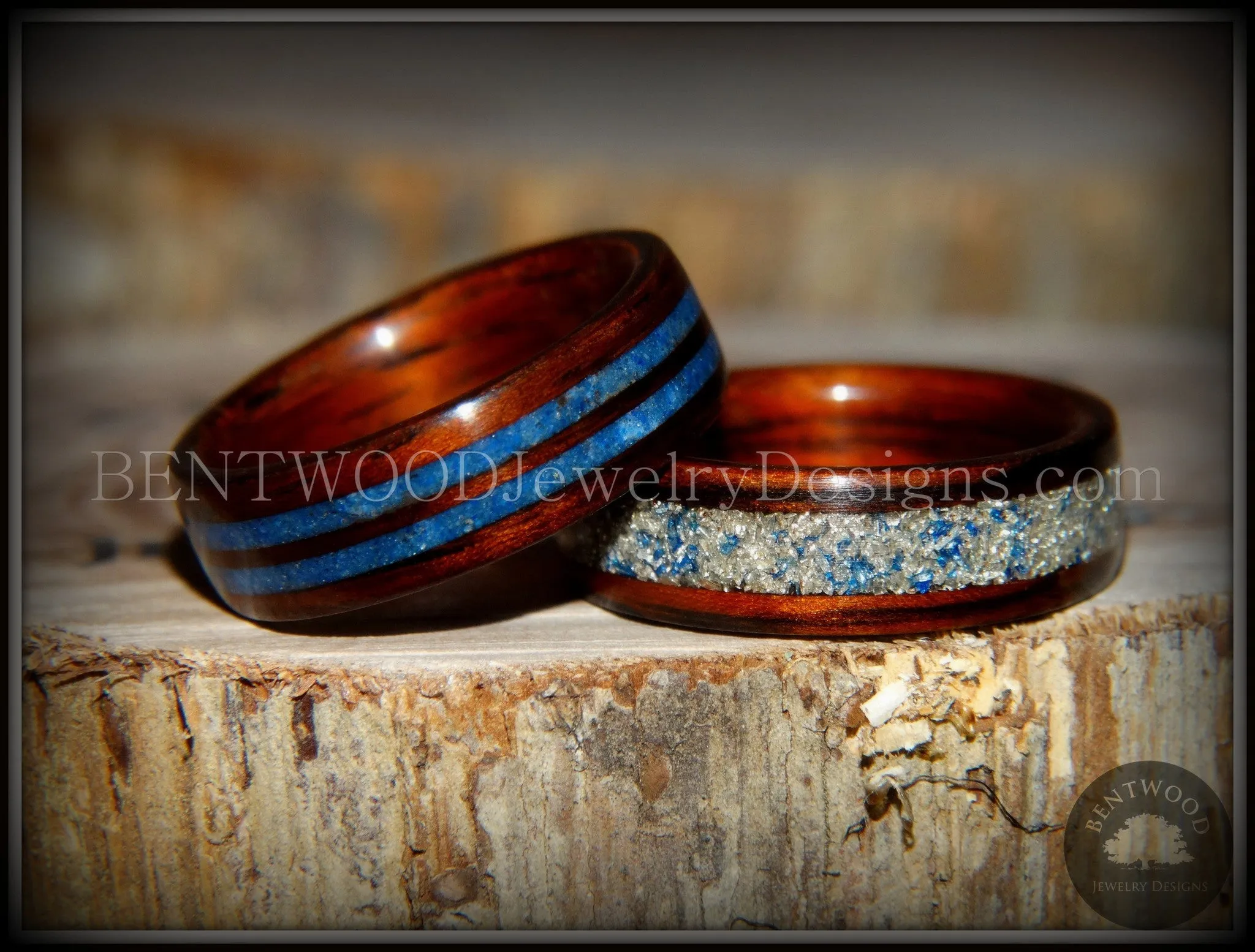 Bentwood Rings Set - "Blu Coupled" Kingwood Wood Rings with Double Blue Lapis and Silver/Blue Glass Inlay