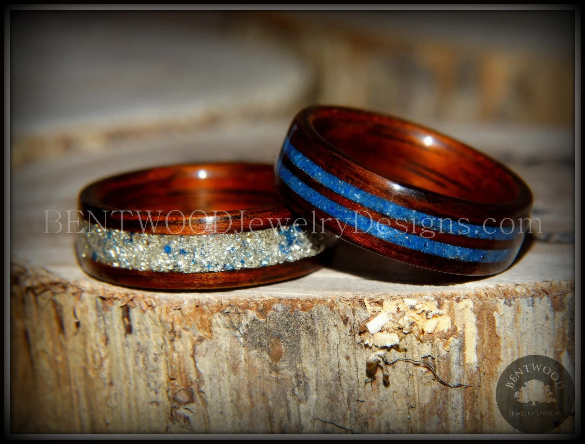 Bentwood Rings Set - "Blu Coupled" Kingwood Wood Rings with Double Blue Lapis and Silver/Blue Glass Inlay
