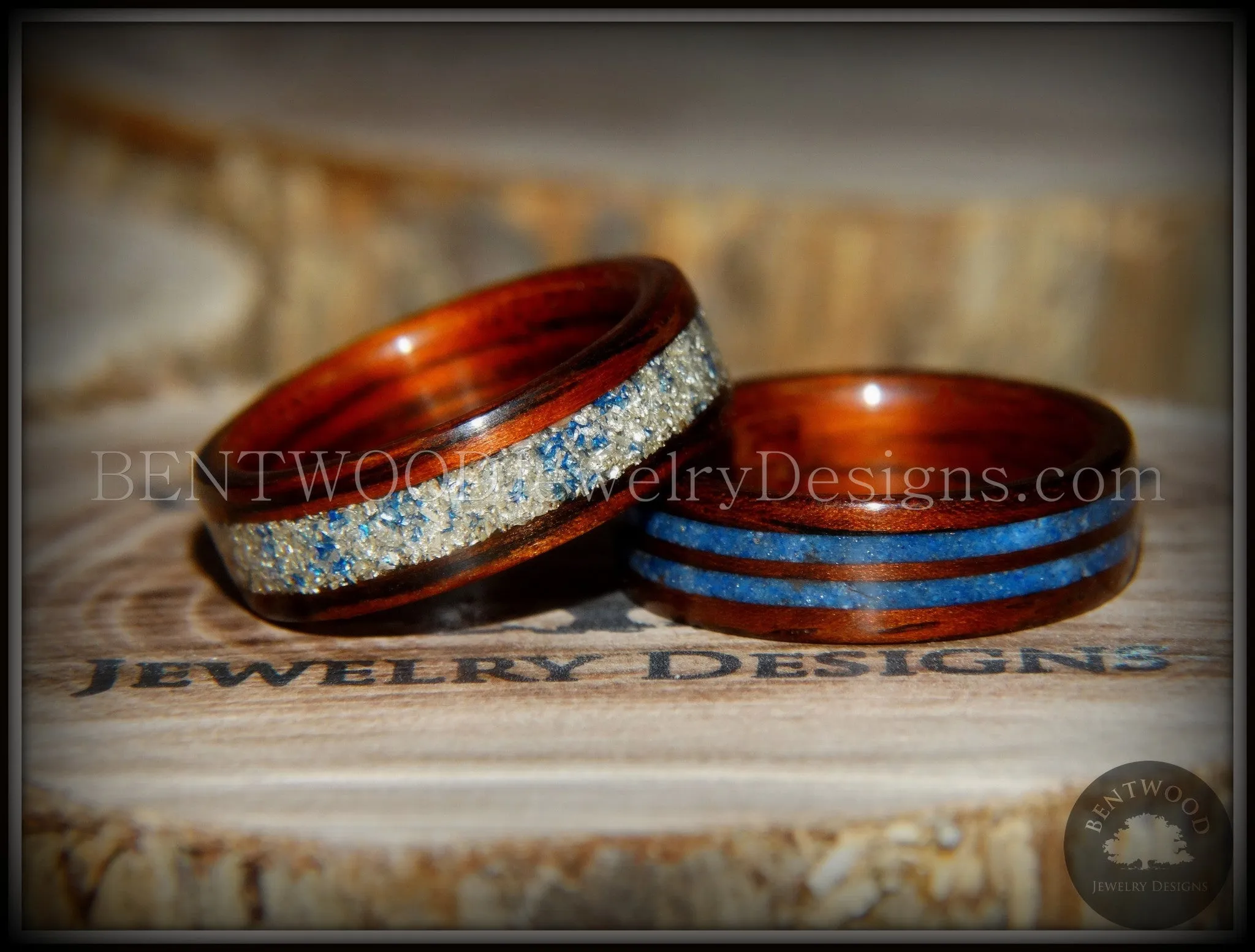 Bentwood Rings Set - "Blu Coupled" Kingwood Wood Rings with Double Blue Lapis and Silver/Blue Glass Inlay
