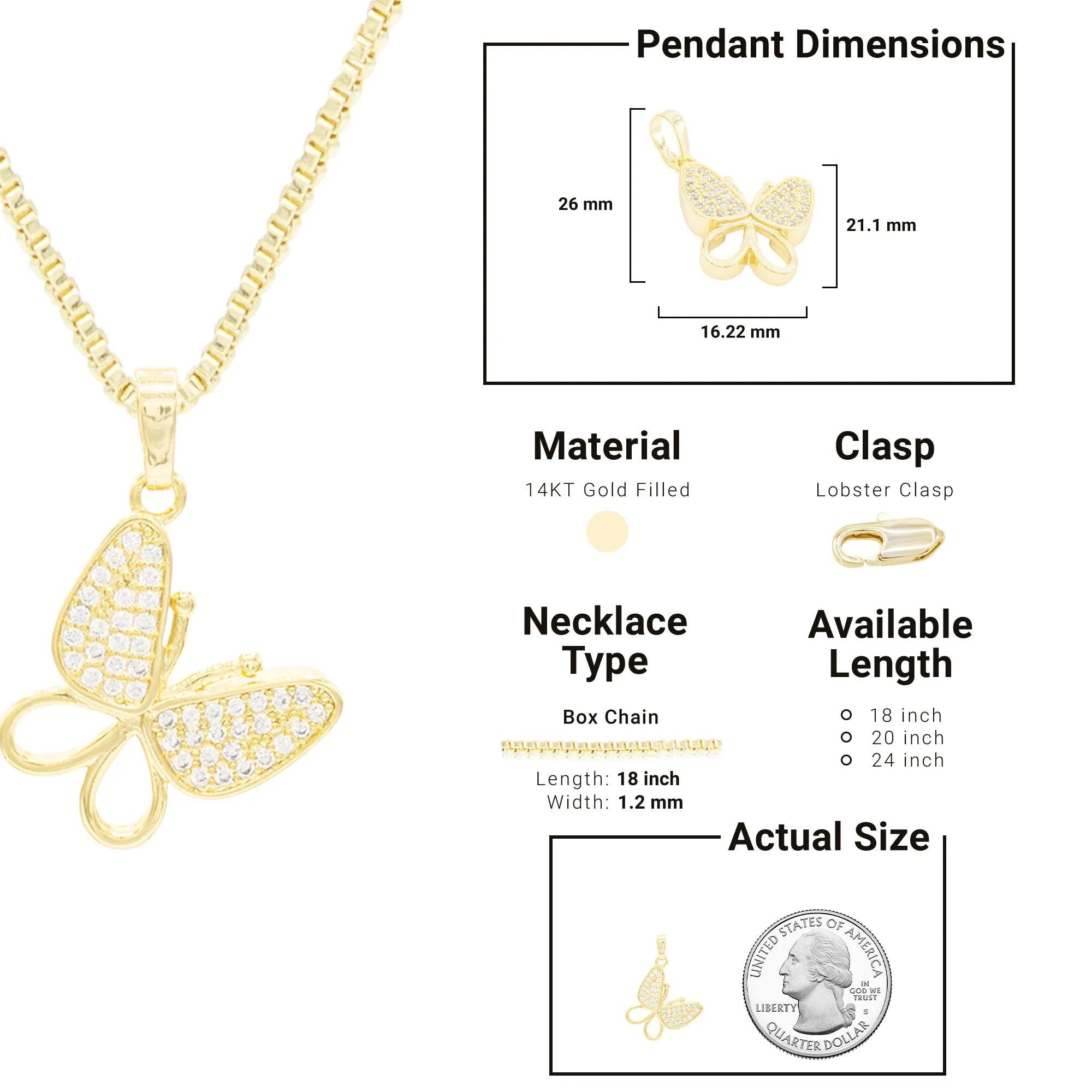 Butterfly 2 Cubic Zirconia Pendant With 14K Gold Filled Necklace Set