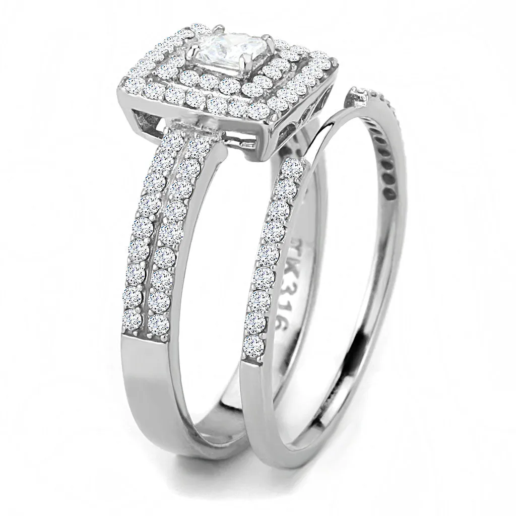 CJ064 Wholesale Women's Stainless Steel AAA Grade Cubic Zirconia Clear Square Cut Engagement Ring Set