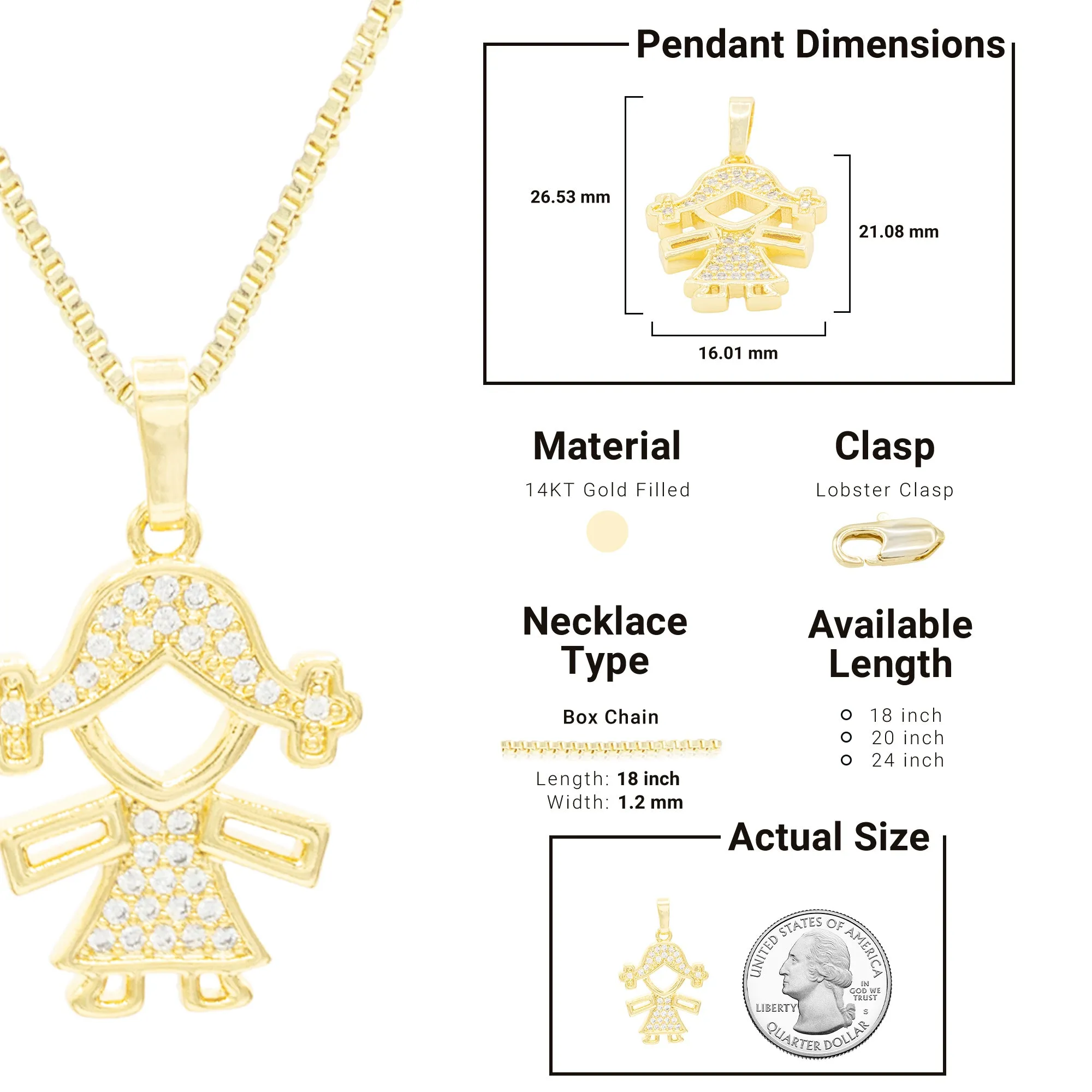 Girl Cubic Zirconia Pendant With 14K Gold Filled Necklace Set