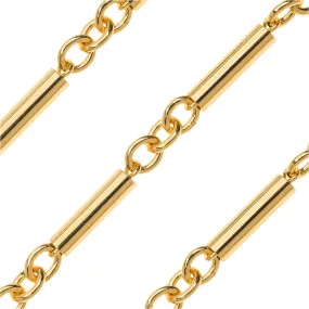 Gold Plated Long & Short Beaded Chain, Long Tube Links, 5x12mm, by the Foot