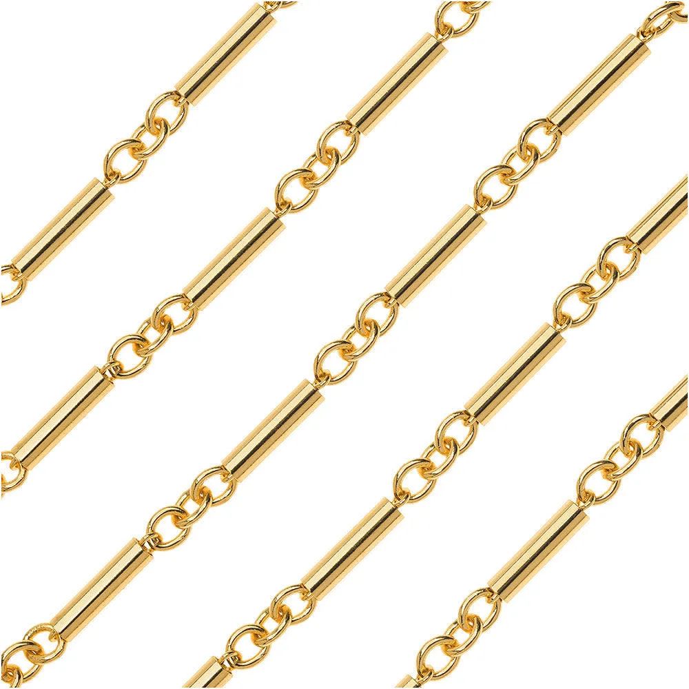 Gold Plated Long & Short Beaded Chain, Long Tube Links, 5x12mm, by the Foot