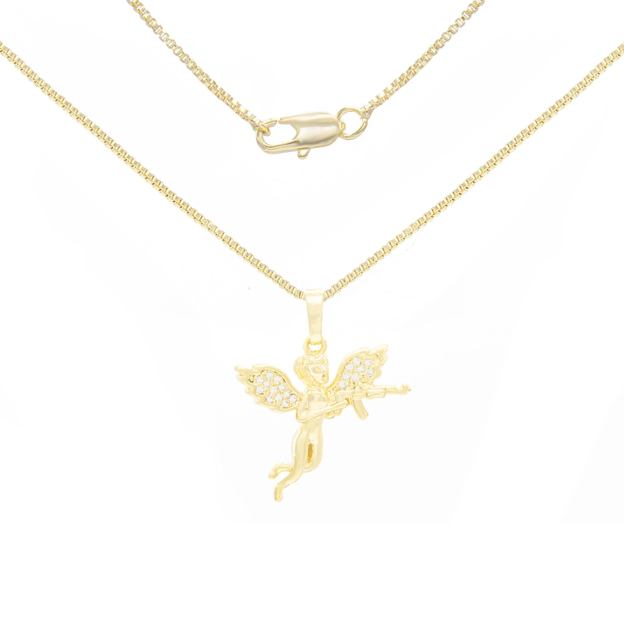 Guardian Angel Cubic Zirconia Pendant 14K Gold Filled Necklace Set