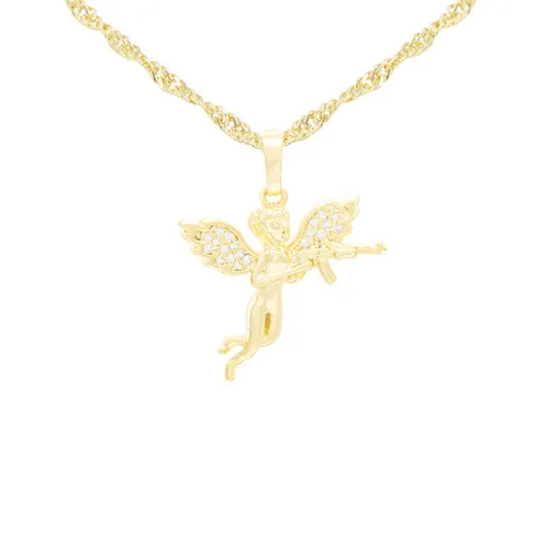 Guardian Angel Cubic Zirconia Pendant 14K Gold Filled Necklace Set