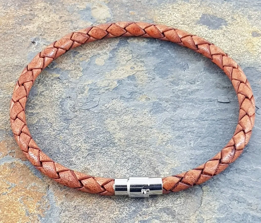 Light Brown Leather Bracelet 5 mm round diameter