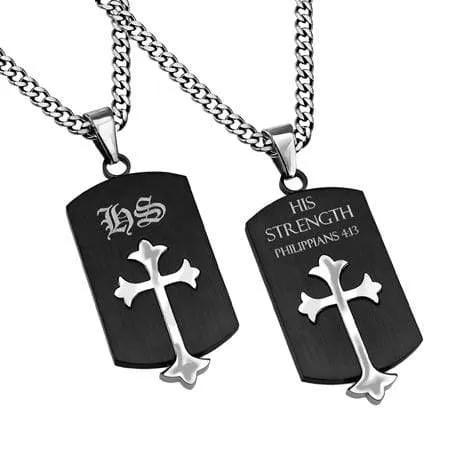 Men's Black Old English Shield Cross Necklace - Phil 4:13