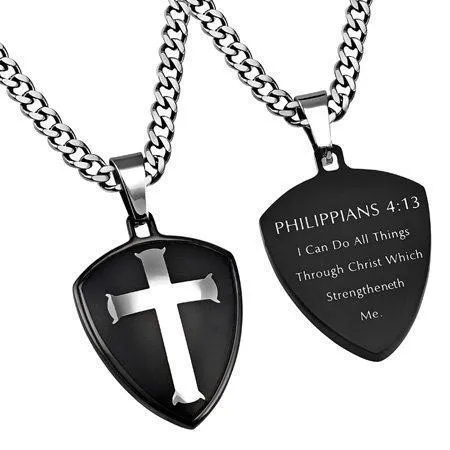 Men's Black Shield Cross Necklace Christ My Strength - Phil 4:13