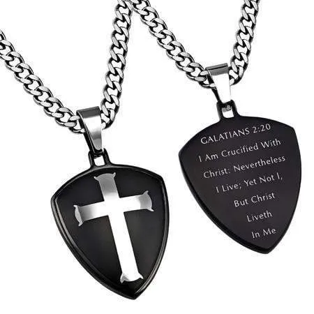 Men's Black Shield Cross Necklace Crucified - Galatians 2:20