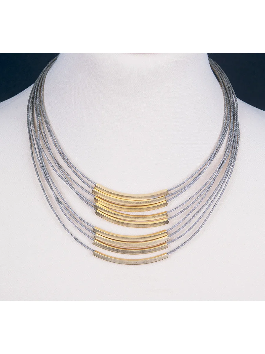 Multi Gold Cord Bronze Bar Necklace