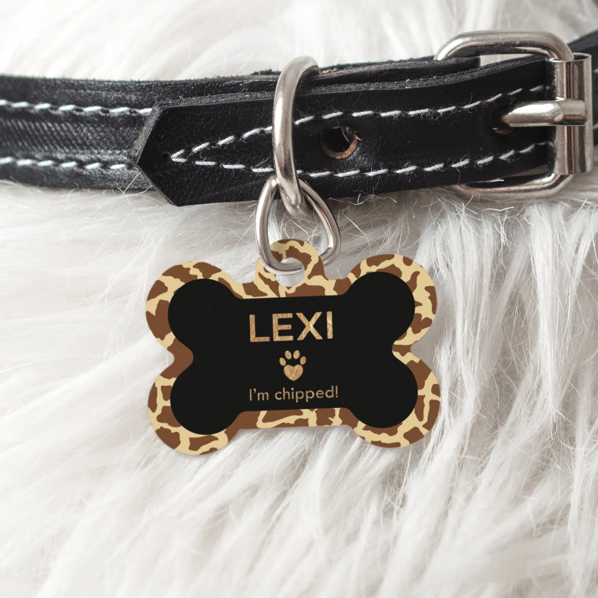 Personalised Giraffe Print Doggy Bone Pet Name ID Tag