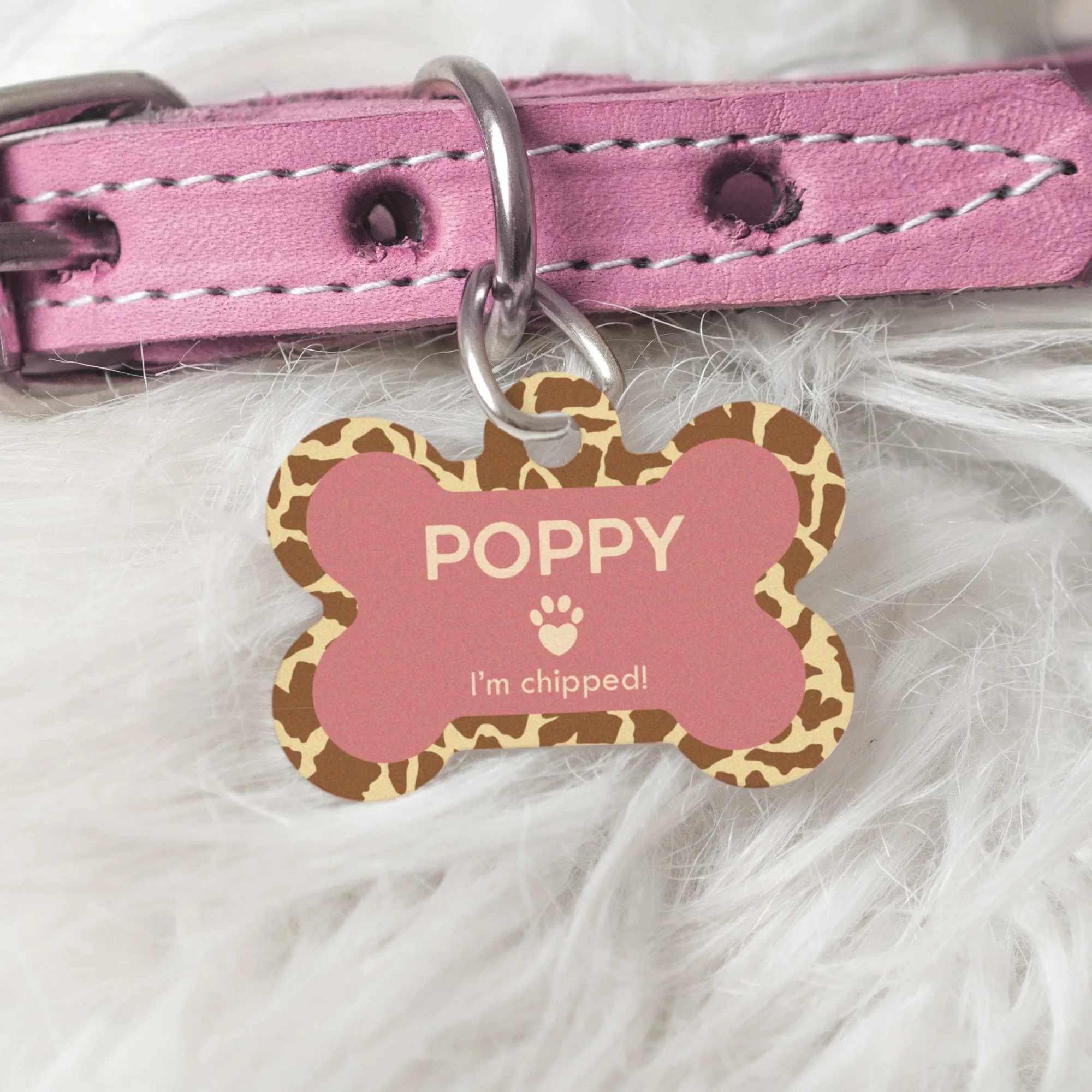 Personalised Giraffe Print Doggy Bone Pet Name ID Tag