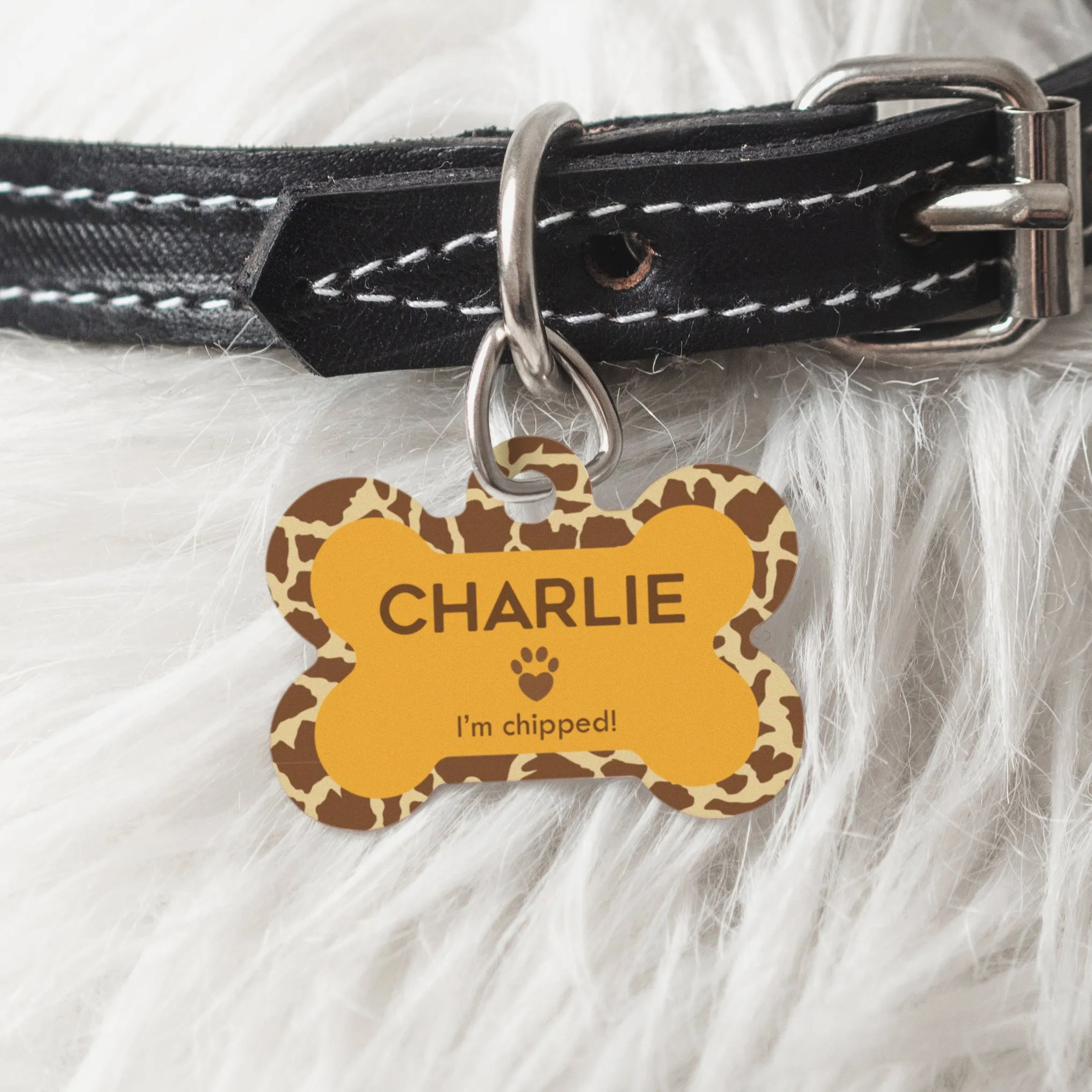 Personalised Giraffe Print Doggy Bone Pet Name ID Tag