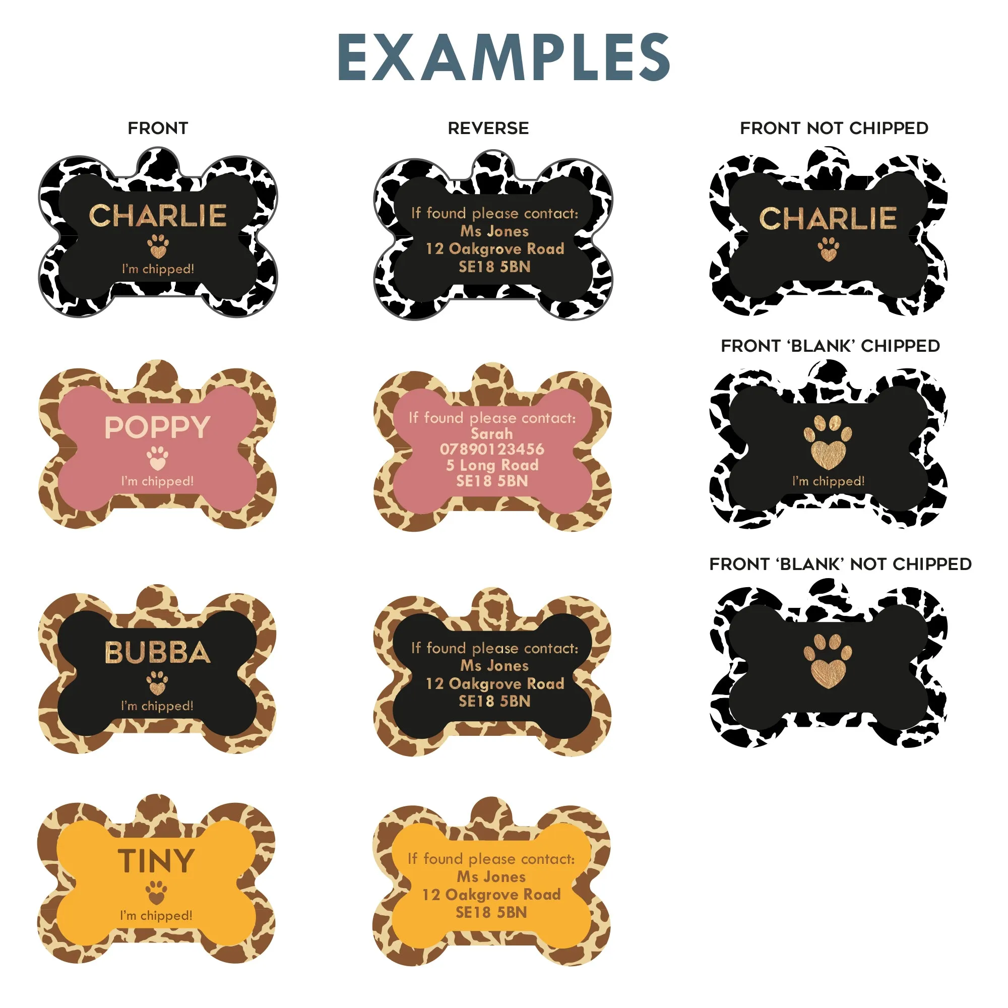 Personalised Giraffe Print Doggy Bone Pet Name ID Tag
