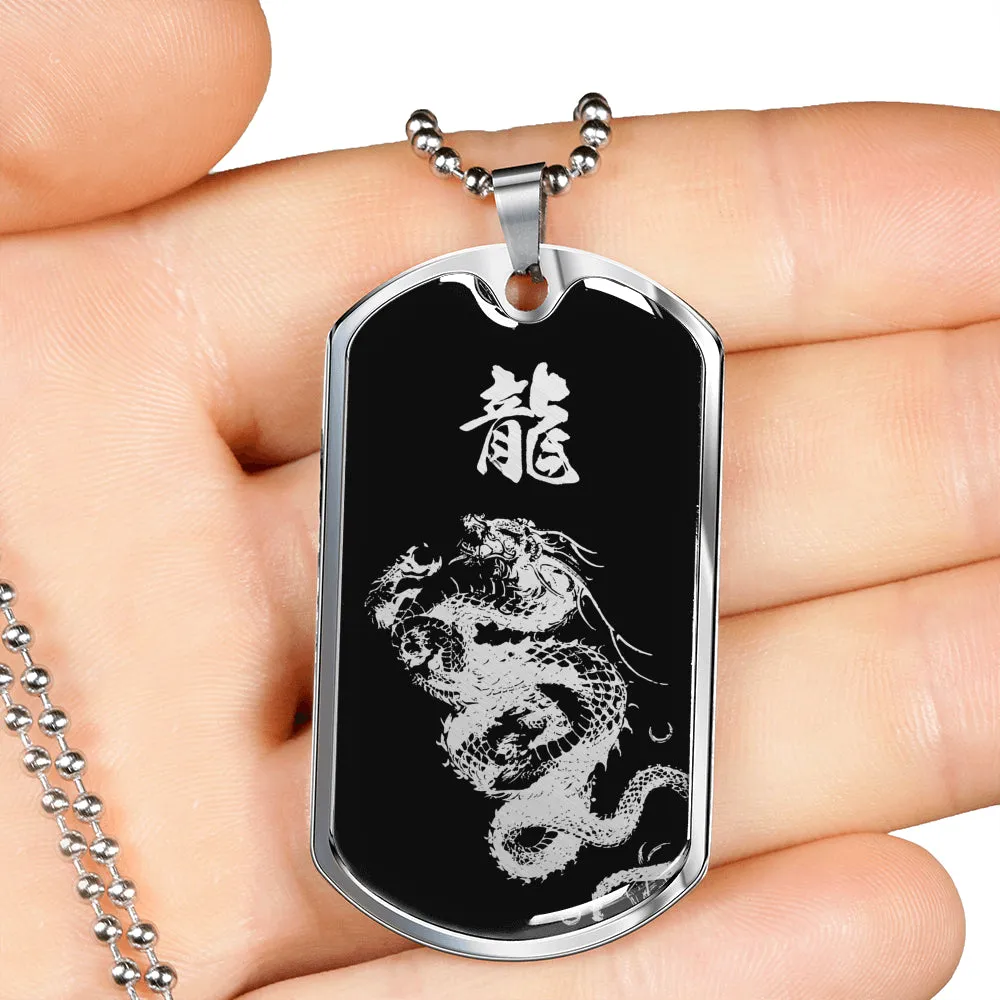 "龍" Dragon Kanji Dog Tag - Silver/Gold Silhouette