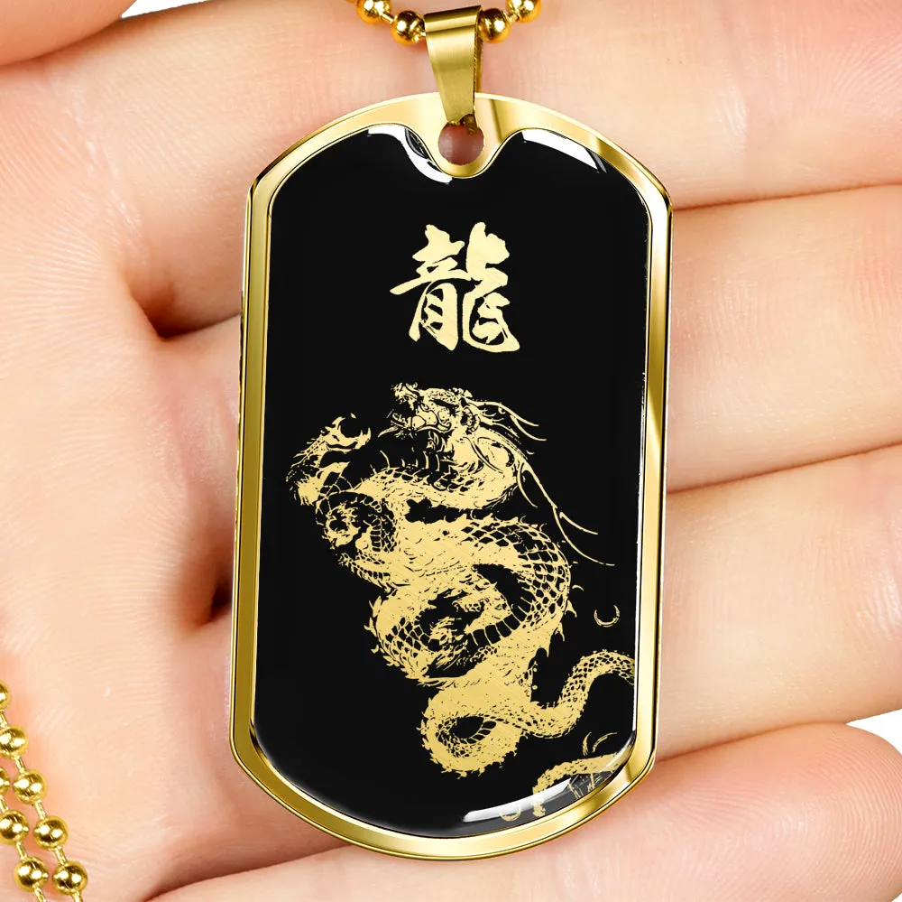 "龍" Dragon Kanji Dog Tag - Silver/Gold Silhouette