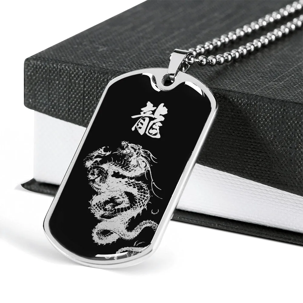 "龍" Dragon Kanji Dog Tag - Silver/Gold Silhouette