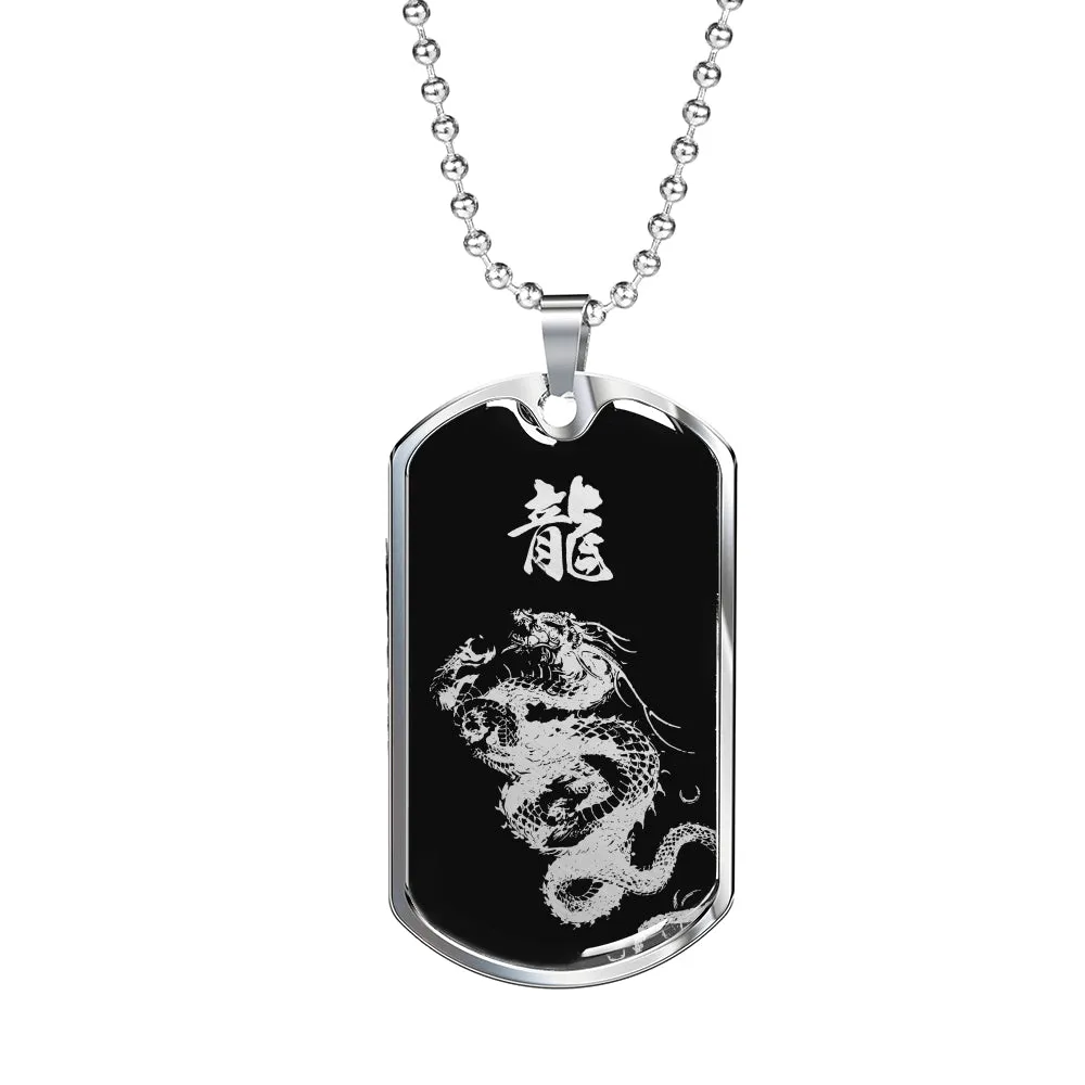 "龍" Dragon Kanji Dog Tag - Silver/Gold Silhouette