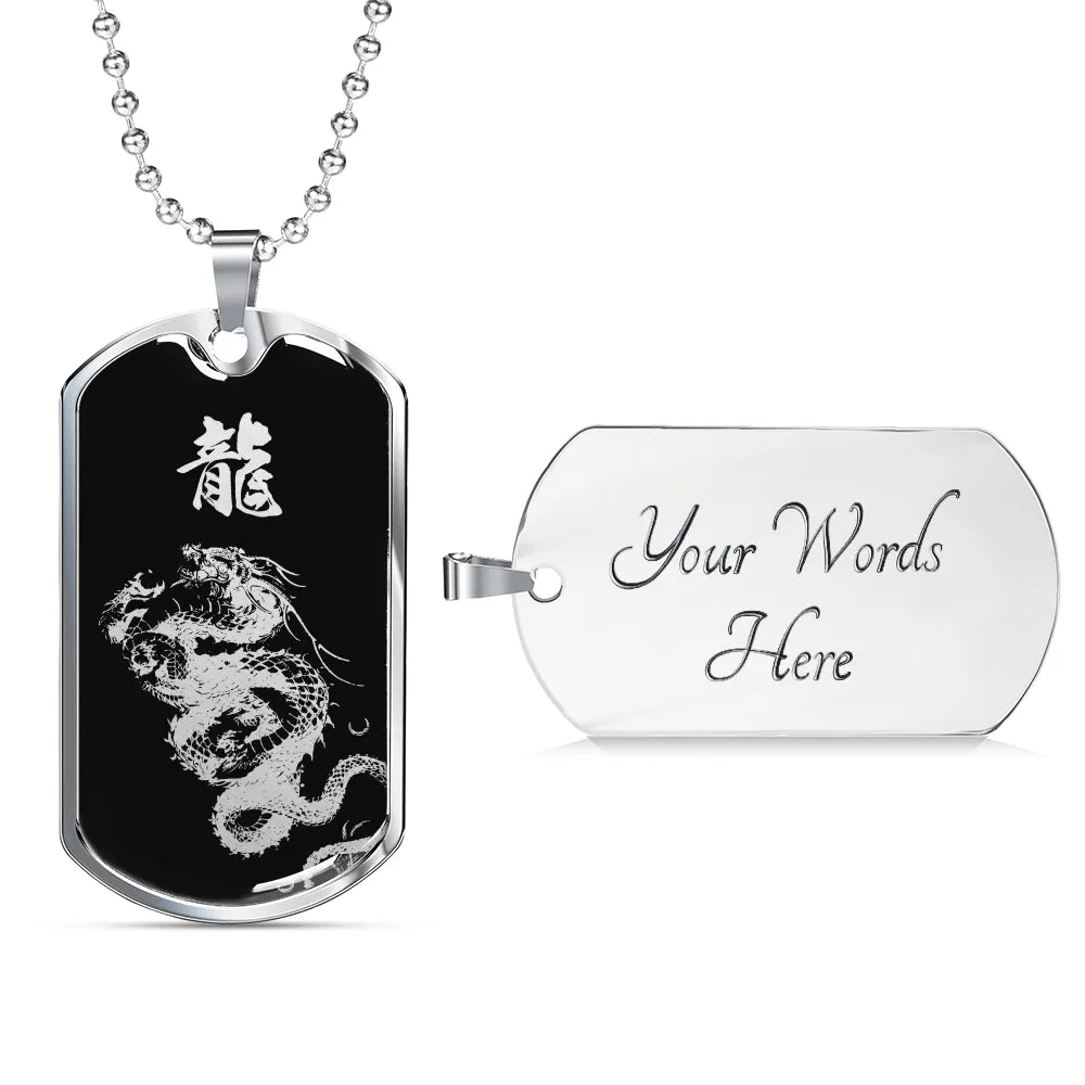 "龍" Dragon Kanji Dog Tag - Silver/Gold Silhouette