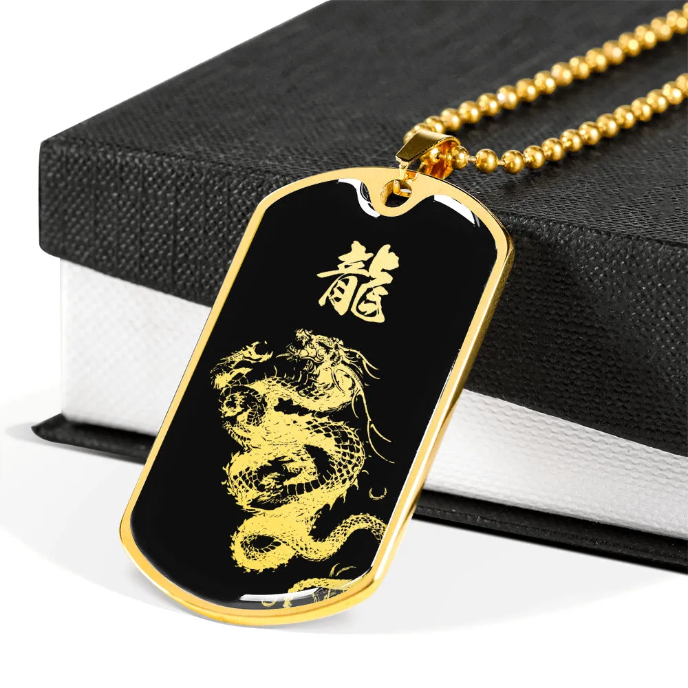 "龍" Dragon Kanji Dog Tag - Silver/Gold Silhouette