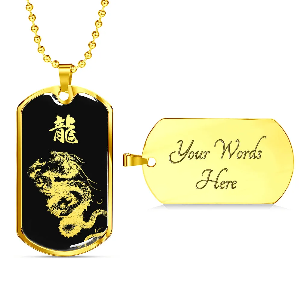 "龍" Dragon Kanji Dog Tag - Silver/Gold Silhouette