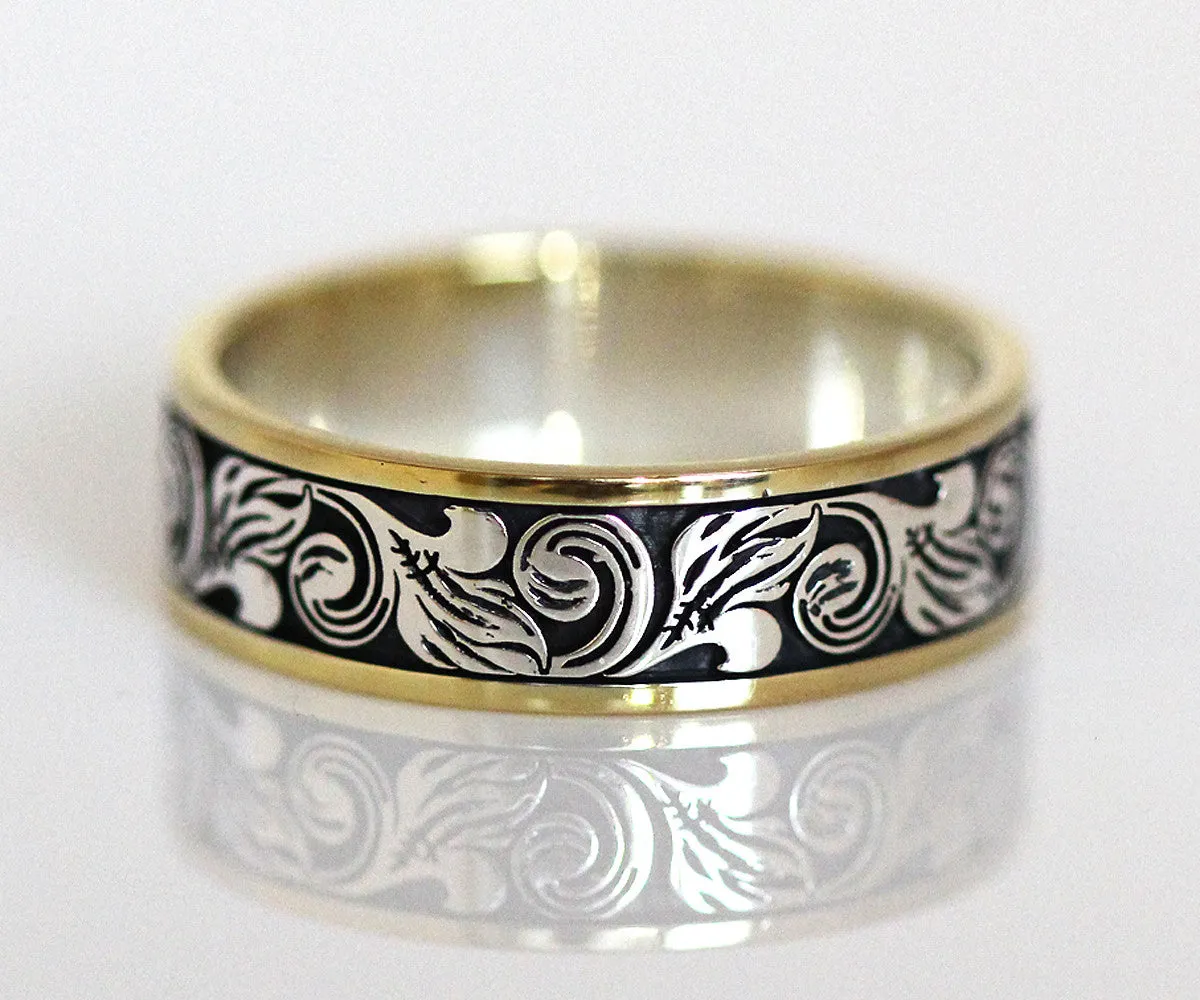 Vintage Engraved Two Tone Wedding Band