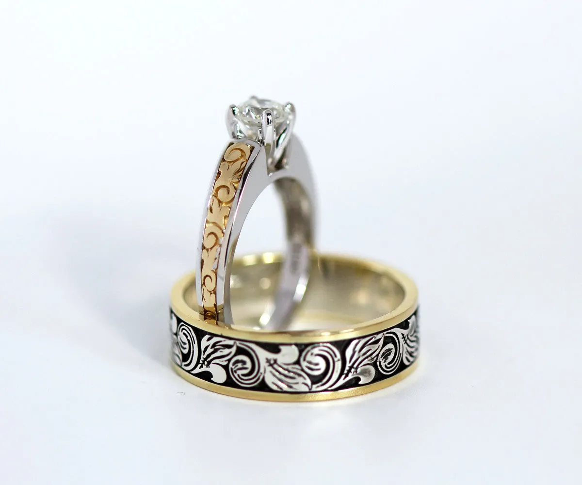 Vintage Engraved Two Tone Wedding Band